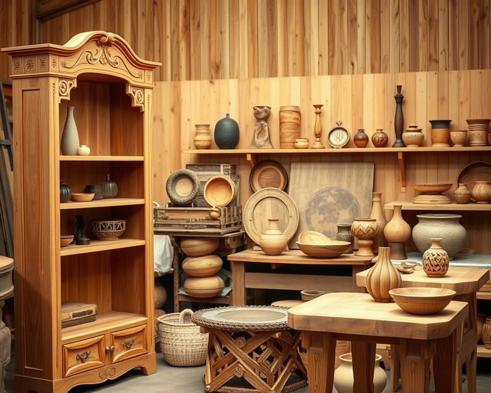 A well-lit wooden workshop filled with an assortment of personalized eco-friendly wooden creations. In the foreground, a handcrafted wooden bookshelf with intricate carvings and a natural finish, complemented by a sturdy wooden side table with a unique geometric pattern. In the middle ground, a collection of handmade wooden bowls, vases, and other decorative pieces, each with its own distinct design and texture. The background features a wall of natural wood panels, adding warmth and depth to the scene. Soft, diffused lighting casts a gentle glow, highlighting the organic beauty and craftsmanship of the wooden items. A well-lit wooden workshop filled with an assortment of personalized eco-friendly wooden creations. In the foreground, a handcrafted wooden bookshelf with intricate carvings and a natural finish, complemented by a sturdy wooden side table with a unique geometric pattern. In the middle ground, a collection of handmade wooden bowls, vases, and other decorative pieces, each with its own distinct design and texture. The background features a wall of natural wood panels, adding warmth and depth to the scene. Soft, diffused lighting casts a gentle glow, highlighting the organic beauty and craftsmanship of the wooden items.