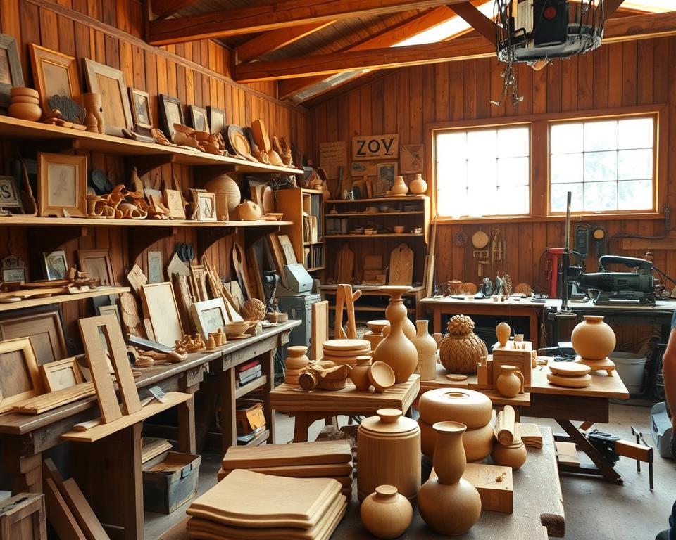 A well-lit wooden workshop interior, with an assortment of handcrafted woodworking projects displayed on rustic wooden shelves and workbenches. The foreground features an array of intricately carved and sanded wooden objects, such as picture frames, small furniture pieces, and decorative items. The middle ground showcases the various tools and machinery used in the woodworking process, including chisels, sanders, and hand saws. The background subtly highlights the warm, natural lighting filtering through large windows, casting a cozy and inviting atmosphere. The overall scene conveys a sense of skilled craftsmanship and the pride of a woodworker showcasing their creations for potential buyers.