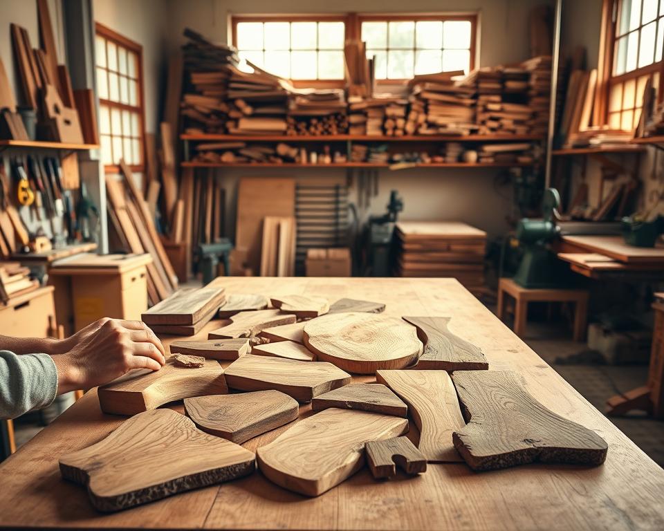 A well-lit woodworking studio, with a large workbench in the foreground. On the bench, an assortment of wood samples in various shapes and grains - oak, maple, cherry, and walnut. Woodworker's hands carefully inspecting the texture and grain of each piece, evaluating its suitability for a project. Warm, natural lighting from large windows illuminates the scene, casting soft shadows and highlighting the rich colors of the wood. In the background, shelves filled with hand tools, machinery, and stacks of lumber, creating a sense of a productive, organized workspace. A serene, focused atmosphere as the woodworker contemplates the perfect wood for their next creation.