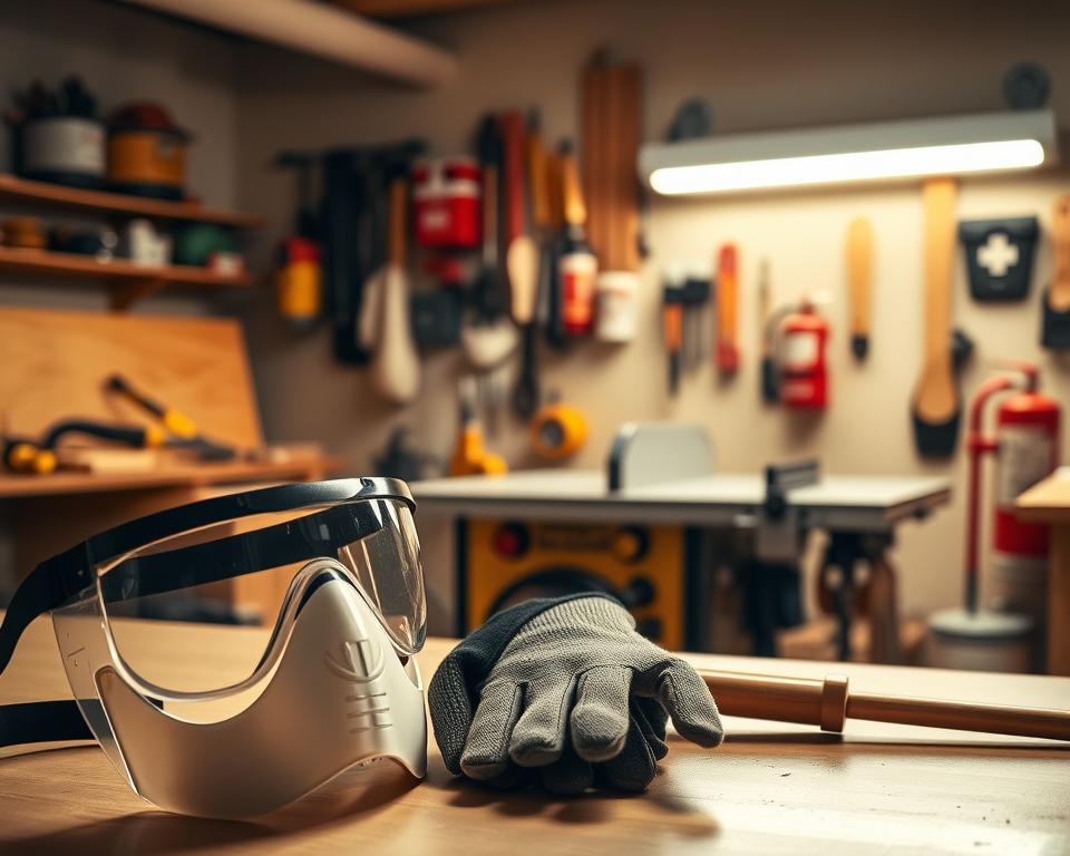 A well-lit woodworking studio with various safety equipment prominently displayed. In the foreground, a pair of safety goggles, a dust mask, and a set of sturdy work gloves. In the middle ground, a table saw with a transparent blade guard and a push stick resting nearby. The background features neatly organized hand tools, a first-aid kit, and a fire extinguisher, all suggesting a commitment to safe practices. The lighting is warm and even, casting a professional, educational atmosphere. The overall composition conveys the importance of prioritizing safety when engaging in woodworking activities, especially for beginners. A well-lit woodworking studio with various safety equipment prominently displayed. In the foreground, a pair of safety goggles, a dust mask, and a set of sturdy work gloves. In the middle ground, a table saw with a transparent blade guard and a push stick resting nearby. The background features neatly organized hand tools, a first-aid kit, and a fire extinguisher, all suggesting a commitment to safe practices. The lighting is warm and even, casting a professional, educational atmosphere. The overall composition conveys the importance of prioritizing safety when engaging in woodworking activities, especially for beginners.