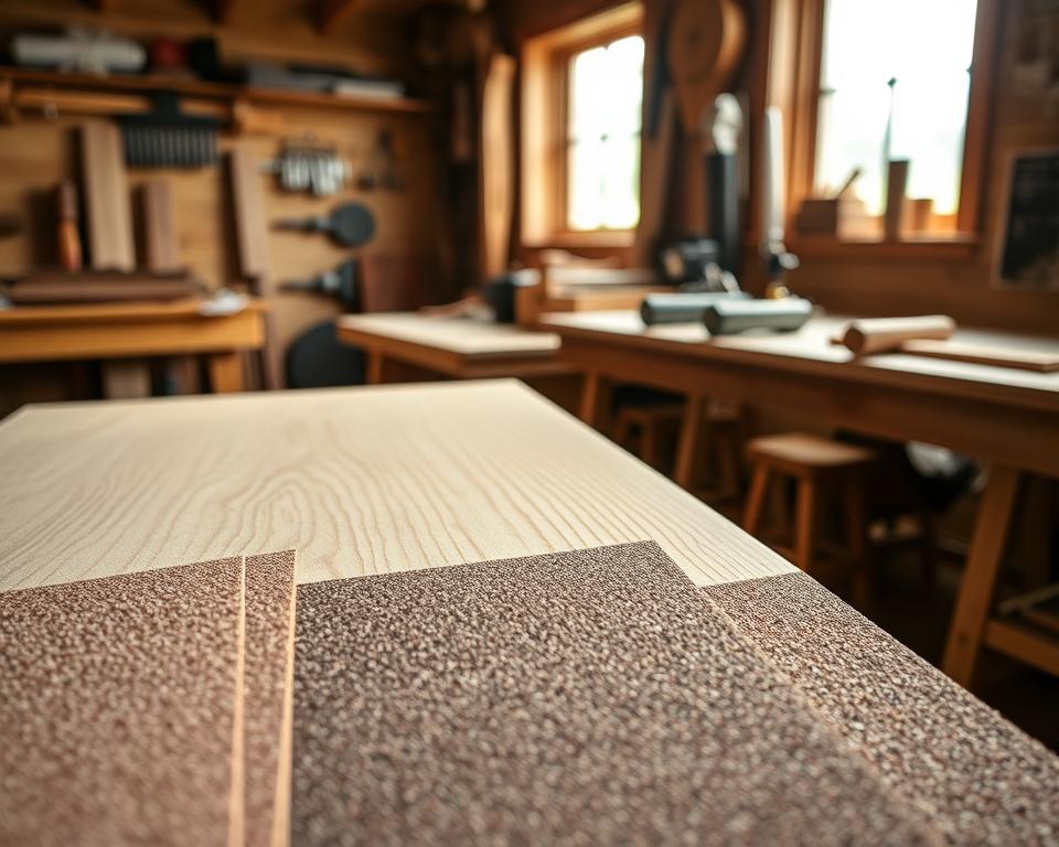 A well-lit woodworking workshop, the foreground featuring an array of sandpaper grits, neatly arranged. In the middle ground, a freshly sanded wooden surface, the grain visible and the texture smooth. Soft natural lighting filters in from a side window, casting gentle shadows and highlighting the tactile quality of the wood. In the background, a variety of woodworking tools, suggesting a methodical approach to achieving a flawless finish. The overall mood is one of focus, precision, and the satisfaction of craftsmanship.