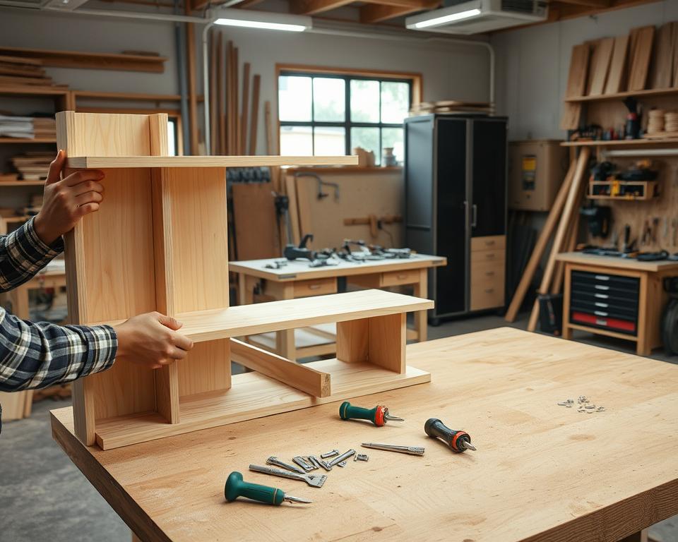 A well-lit woodworking workshop, with a sturdy workbench in the foreground. Hands carefully assembling wooden shelves, aligning the planks, and securing them with screws. The shelves are made of light-colored, smooth-grained wood, and the tools used are high-quality, precision instruments. In the middle ground, an array of tools and hardware neatly organized on the workbench, reflecting the methodical nature of the task. The background features additional storage units, tool racks, and natural light filtering in through large windows, creating a warm, productive atmosphere. A well-lit woodworking workshop, with a sturdy workbench in the foreground. Hands carefully assembling wooden shelves, aligning the planks, and securing them with screws. The shelves are made of light-colored, smooth-grained wood, and the tools used are high-quality, precision instruments. In the middle ground, an array of tools and hardware neatly organized on the workbench, reflecting the methodical nature of the task. The background features additional storage units, tool racks, and natural light filtering in through large windows, creating a warm, productive atmosphere.