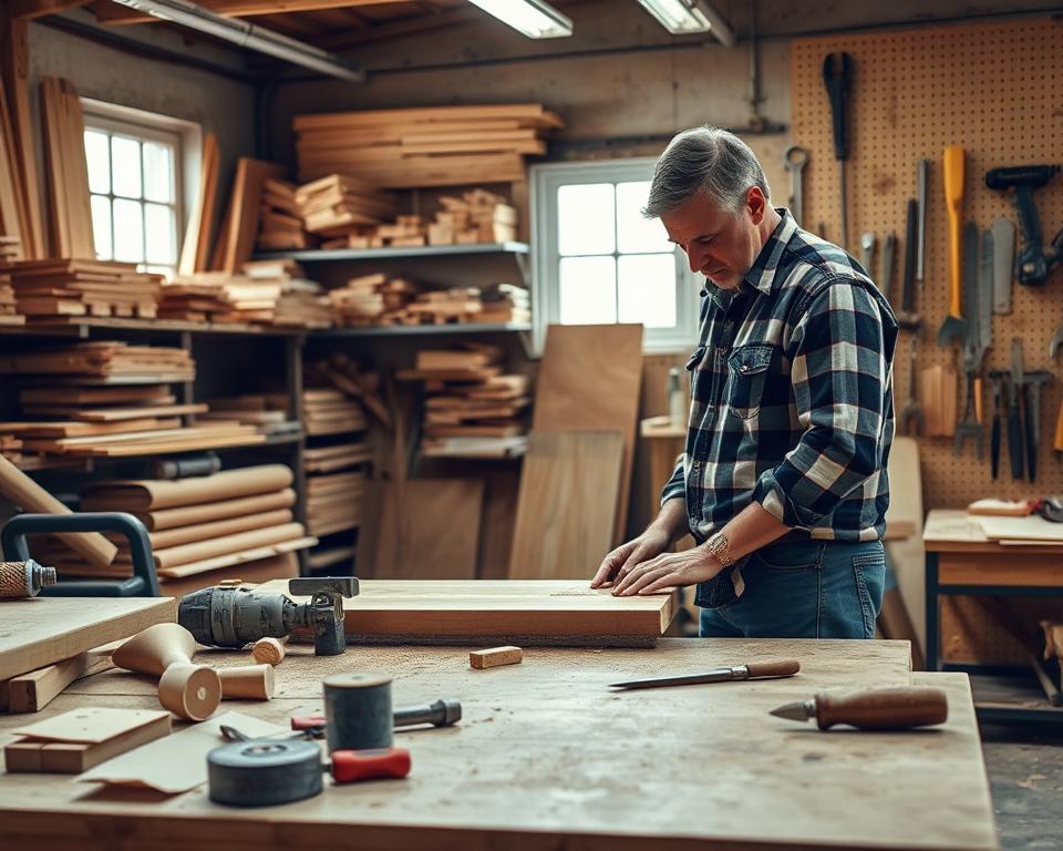 A well-lit woodworking workshop, with a sturdy workbench in the foreground. On the bench, various tools and materials are neatly arranged, including sandpaper, chisels, and a half-finished project. In the middle ground, a craftsman in a flannel shirt and jeans examines a piece of wood, brow furrowed in concentration. The background features shelves stocked with lumber, a pegboard wall with hanging tools, and a window letting in natural light. The overall atmosphere is one of focused problem-solving, with a touch of rustic charm.