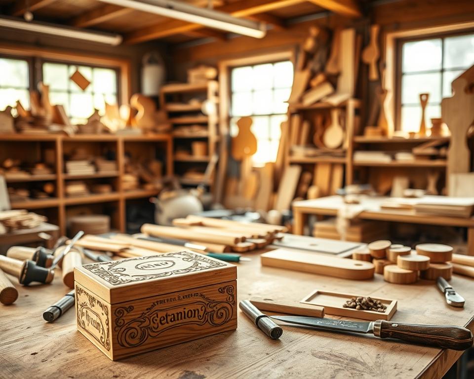 A well-lit workshop filled with an assortment of wooden crafts and tools. In the foreground, a hand-carved wooden box with intricate patterns and a personalized name engraved on the lid. On the workbench, various woodworking implements, such as chisels, sandpaper, and a small carving knife, are neatly arranged. In the background, shelves display an array of unfinished wooden pieces, ready to be transformed into unique and customized gifts. Warm, natural lighting from large windows casts a gentle glow over the scene, highlighting the rich textures and tones of the wood. The overall atmosphere is one of creativity, focus, and the joy of personalized craftsmanship.