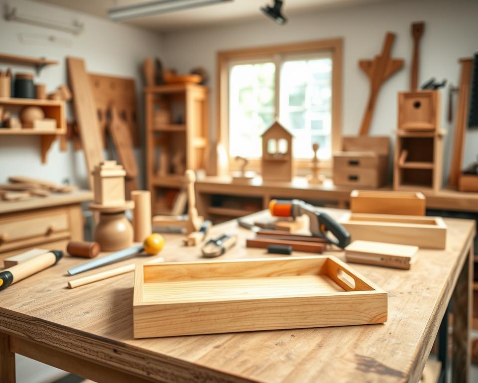 A well-lit workshop interior, showcasing a variety of beginner woodworking projects on a sturdy workbench. In the foreground, a small handcrafted wooden tray with smooth edges and a natural grain finish. Surrounding it, an assortment of simple projects like a birdhouse, a small side table, and a basic box. The middle ground features essential woodworking tools, such as a handsaw, chisel, and sandpaper, arranged neatly. In the background, a large window allows natural light to stream in, creating a warm, inviting atmosphere. The overall scene conveys a sense of creativity, learning, and the rewarding process of DIY woodworking.