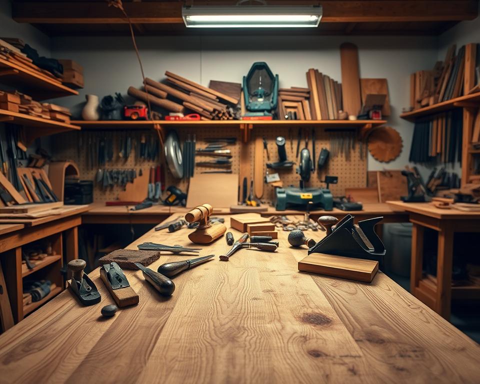 A well-lit workshop interior, with a sturdy wooden workbench in the foreground. On the bench, an array of woodworking tools and materials - chisels, planes, a miter saw, and various wood samples. In the background, shelves filled with neatly organized hand tools and power tools. Soft, directional lighting from overhead lamps casts a warm glow, highlighting the intricate grain patterns of the wooden surfaces. The overall scene conveys a sense of focus, precision, and the calm concentration required for planning and executing a successful woodworking project.