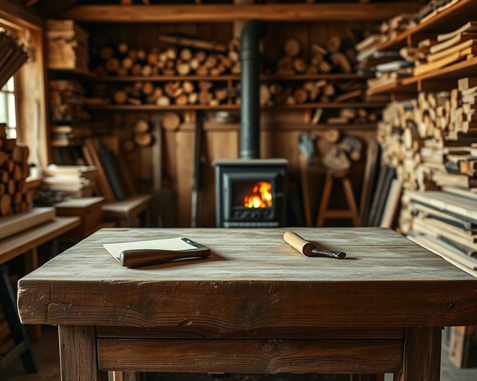 A well-lit workshop interior, with a weathered wooden workbench as the focal point. On the bench, an assortment of woodworking tools, including a chisel, sandpaper, and a small handsaw. In the background, a wood-burning stove is visible, its flickering flames casting warm, dancing shadows across the space. The walls are lined with shelves filled with various wood species, creating a sense of depth and a materials-rich environment. The overall atmosphere is one of focused problem-solving, with a touch of rustic charm and the comforting glow of the stove. A well-lit workshop interior, with a weathered wooden workbench as the focal point. On the bench, an assortment of woodworking tools, including a chisel, sandpaper, and a small handsaw. In the background, a wood-burning stove is visible, its flickering flames casting warm, dancing shadows across the space. The walls are lined with shelves filled with various wood species, creating a sense of depth and a materials-rich environment. The overall atmosphere is one of focused problem-solving, with a touch of rustic charm and the comforting glow of the stove.