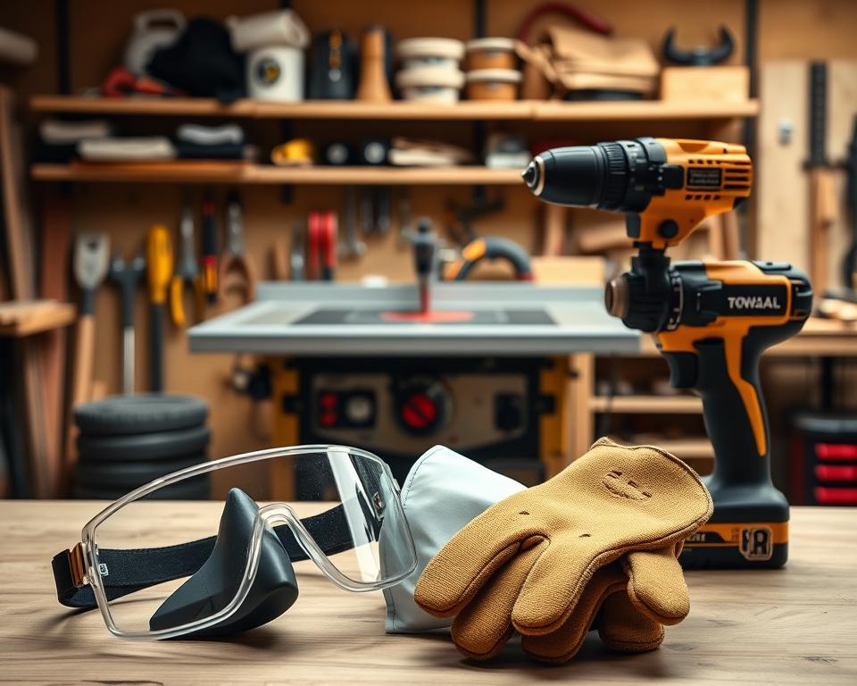 A well-lit workshop scene featuring a foreground display of essential woodworking safety equipment - a pair of safety goggles, a dust mask, and a sturdy pair of work gloves. In the middle ground, a table saw with a blade guard, and a power drill with a dust collection attachment. In the background, a neatly organized tool cabinet and shelves stocked with various woodworking tools. The scene conveys a sense of order, preparedness, and a commitment to safe practices in the pursuit of crafting. Captured with a crisp, high-resolution photographic style and a neutral color palette that highlights the functional nature of the equipment.