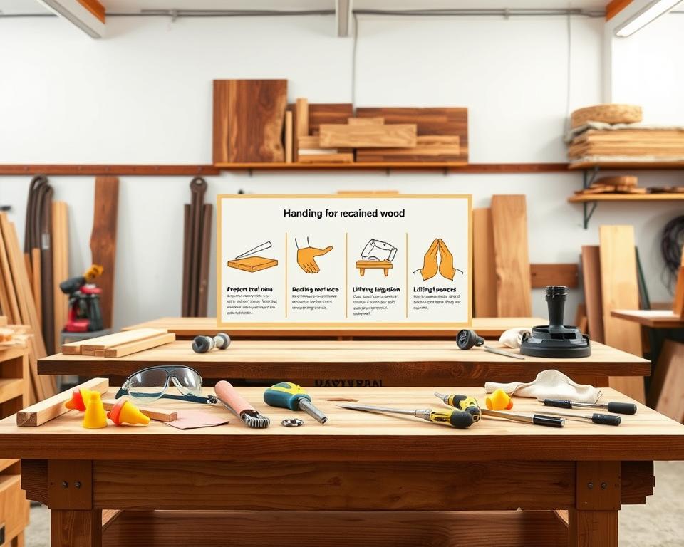 A well-lit workshop setting with a prominent workbench in the foreground, showcasing various woodworking tools and personal protective equipment (PPE) such as safety goggles, earplugs, and gloves. In the middle ground, a series of infographic-style illustrations depicting proper safety techniques for handling reclaimed wood, including dust control, saw blade alignment, and lifting heavy pieces. The background features a neutral, clean-lined environment with a sense of order and organization, conveying a professional, educational atmosphere. The overall composition should effectively communicate the key safety considerations when working with reclaimed wood. A well-lit workshop setting with a prominent workbench in the foreground, showcasing various woodworking tools and personal protective equipment (PPE) such as safety goggles, earplugs, and gloves. In the middle ground, a series of infographic-style illustrations depicting proper safety techniques for handling reclaimed wood, including dust control, saw blade alignment, and lifting heavy pieces. The background features a neutral, clean-lined environment with a sense of order and organization, conveying a professional, educational atmosphere. The overall composition should effectively communicate the key safety considerations when working with reclaimed wood.