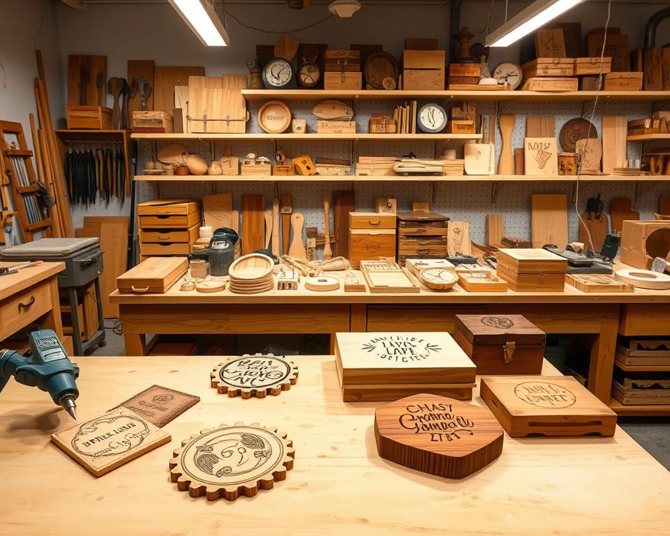 A well-lit workshop with a prominent wooden workbench and various tools, including a wood burning tool, a laser engraver, and an assortment of finished wooden gifts. The foreground showcases the process of personalization, with intricate wood burning patterns and delicate laser engraved designs on an array of wooden items such as coasters, boxes, and keepsakes. The middle ground highlights the diversity of wooden objects ready for personalization, while the background features shelves displaying a collection of personalized wooden gifts, each with a unique design. The overall atmosphere conveys a sense of creativity, craftsmanship, and the joy of making personalized wooden treasures.