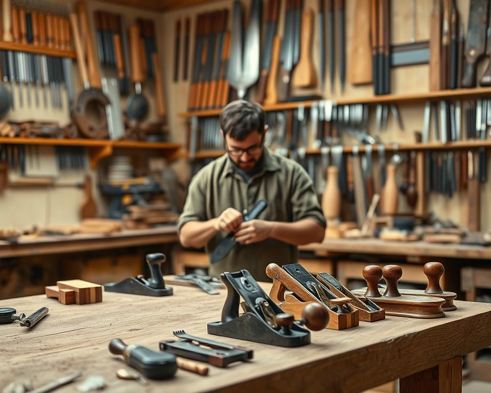 A well-lit workshop with a sturdy workbench in the foreground, showcasing a variety of woodworking tools meticulously arranged. In the middle ground, a skilled artisan diligently cleaning and maintaining a hand plane, their focused expression reflecting the importance of this task. The background features an array of neatly organized shelves, housing an assortment of chisels, saws, and other essential tools, all in pristine condition. The scene conveys a sense of order, attention to detail, and the crucial role of tool maintenance in the pursuit of exceptional woodworking. A well-lit workshop with a sturdy workbench in the foreground, showcasing a variety of woodworking tools meticulously arranged. In the middle ground, a skilled artisan diligently cleaning and maintaining a hand plane, their focused expression reflecting the importance of this task. The background features an array of neatly organized shelves, housing an assortment of chisels, saws, and other essential tools, all in pristine condition. The scene conveys a sense of order, attention to detail, and the crucial role of tool maintenance in the pursuit of exceptional woodworking.