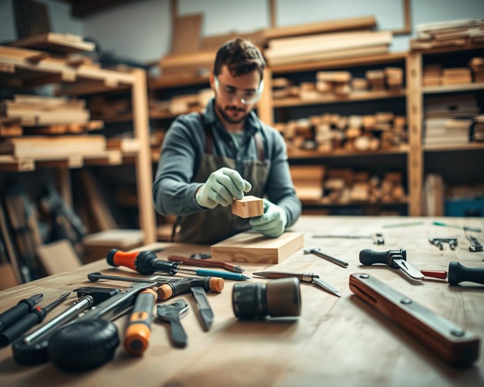 A well-lit workshop with a wooden workbench in the foreground, various hand tools neatly arranged on the surface. In the middle ground, a person wearing safety goggles and gloves demonstrates proper wood handling techniques, such as firmly gripping a piece of wood and maneuvering it with care. The background features shelves stocked with lumber, creating a sense of a functional, organized workspace dedicated to woodworking. The lighting is soft and diffused, creating a warm, inviting atmosphere that emphasizes the importance of safety and technique in this skilled craft. A well-lit workshop with a wooden workbench in the foreground, various hand tools neatly arranged on the surface. In the middle ground, a person wearing safety goggles and gloves demonstrates proper wood handling techniques, such as firmly gripping a piece of wood and maneuvering it with care. The background features shelves stocked with lumber, creating a sense of a functional, organized workspace dedicated to woodworking. The lighting is soft and diffused, creating a warm, inviting atmosphere that emphasizes the importance of safety and technique in this skilled craft.