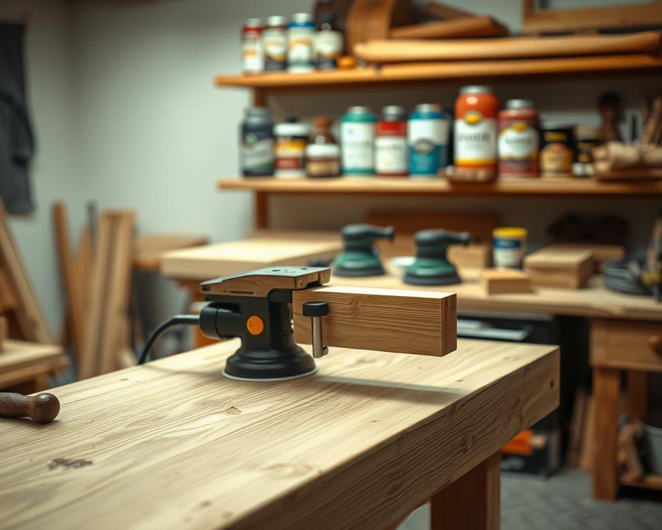 A well-lit workshop with a wooden workbench in the foreground. On the bench, a carpenter's vise securely holds a piece of wood, and various woodworking tools are neatly arranged nearby. In the middle ground, a sanding block and an orbital sander stand ready for use. The background features shelves stocked with wood finishing supplies, including cans of stain, varnish, and other materials. Soft, diffused lighting creates a warm, inviting atmosphere, emphasizing the textures and grains of the wood. The overall scene conveys a sense of skilled craftsmanship and attention to detail in the preparation of a wood surface for finishing. A well-lit workshop with a wooden workbench in the foreground. On the bench, a carpenter's vise securely holds a piece of wood, and various woodworking tools are neatly arranged nearby. In the middle ground, a sanding block and an orbital sander stand ready for use. The background features shelves stocked with wood finishing supplies, including cans of stain, varnish, and other materials. Soft, diffused lighting creates a warm, inviting atmosphere, emphasizing the textures and grains of the wood. The overall scene conveys a sense of skilled craftsmanship and attention to detail in the preparation of a wood surface for finishing.