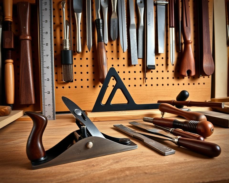 A well-organized workbench, neatly arranged with an assortment of meticulously maintained woodworking tools. In the foreground, a hand plane, its blade sharpened to perfection, rests alongside a set of chisels with pristine, honed edges. In the middle ground, a combination square and a ruler stand upright, their surfaces gleaming under the warm, directional lighting. In the background, a pegboard displays an array of saws, files, and other specialized tools, all in pristine condition, ready for their next use. The overall scene conveys a sense of order, care, and a dedication to the craft of woodworking. A well-organized workbench, neatly arranged with an assortment of meticulously maintained woodworking tools. In the foreground, a hand plane, its blade sharpened to perfection, rests alongside a set of chisels with pristine, honed edges. In the middle ground, a combination square and a ruler stand upright, their surfaces gleaming under the warm, directional lighting. In the background, a pegboard displays an array of saws, files, and other specialized tools, all in pristine condition, ready for their next use. The overall scene conveys a sense of order, care, and a dedication to the craft of woodworking.