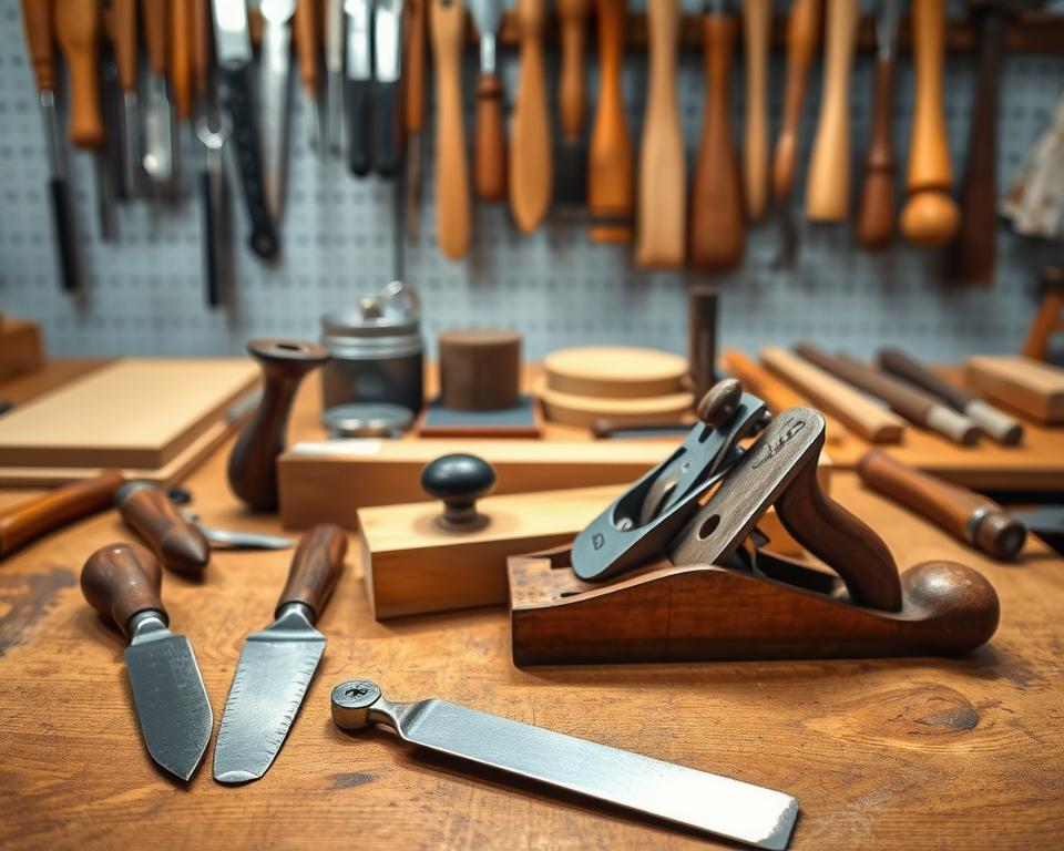 A workshop table showcasing a variety of well-maintained woodworking tools. In the foreground, a chisel, plane, and saw are neatly arranged, their blades gleaming under the warm, focused lighting. In the middle ground, a sharpening stone and oil can sit alongside a tidy array of files and sandpaper. The background features a pegboard displaying a selection of carefully organized hand tools, their handles polished to a soft sheen. The overall scene conveys a sense of order, care, and a dedication to preserving the longevity of essential woodworking implements.