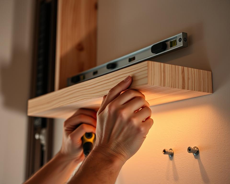 Close-up of a person's hands carefully mounting a wooden shelf to a wall using various hardware tools and techniques, such as a level, screwdriver, and wall anchors, with a soft, warm lighting illuminating the process, creating a sense of focus and attention to detail. Close-up of a person's hands carefully mounting a wooden shelf to a wall using various hardware tools and techniques, such as a level, screwdriver, and wall anchors, with a soft, warm lighting illuminating the process, creating a sense of focus and attention to detail.