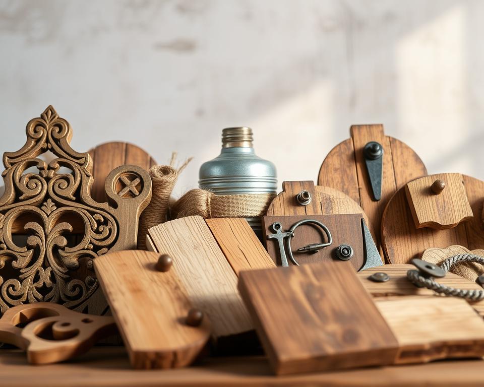 Decorative pallet wood elements, rustic and charming, artfully arranged in the foreground. Intricate carvings, distressed textures, and natural wood tones create a warm, handcrafted aesthetic. In the middle ground, a mix of complementary accents like galvanized metal, jute, and vintage-inspired hardware add depth and visual interest. The background features a softly blurred, neutral backdrop, allowing the crafted pieces to take center stage. Gentle side lighting casts subtle shadows, highlighting the tactile qualities of the materials. An overall mood of homespun elegance and attention to detail, suitable for a DIY pallet wood project.