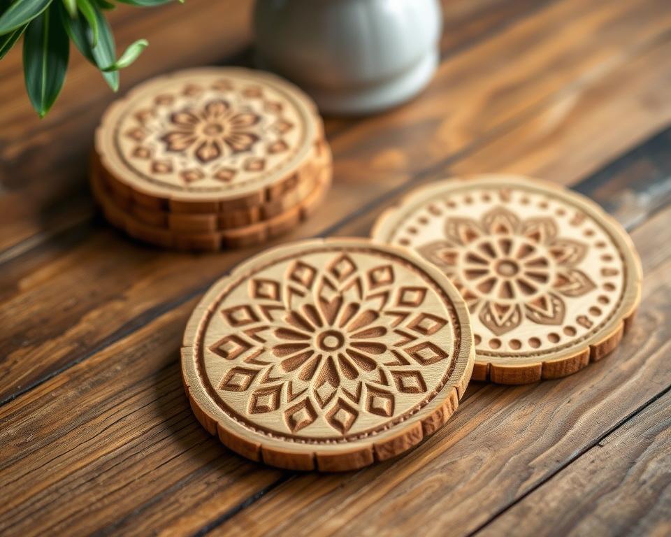 Eco-friendly coasters crafted from natural materials, arranged on a rustic wooden table. The coasters feature intricate designs carved into their surfaces, evoking a sense of handmade charm. Soft, diffused lighting casts warm tones, highlighting the organic textures and earthy hues of the coasters. The composition emphasizes simplicity and sustainability, showcasing how practical, beautiful, and environmentally conscious home decor can be achieved.