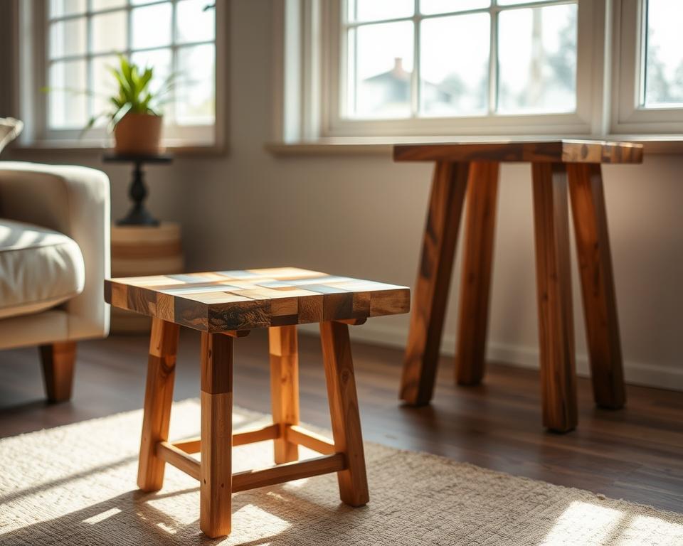 Handmade recycled timber designs, a warm and rustic collection of small wooden furniture perfect for upcycled home decor. In the foreground, a delicately crafted end table featuring a mosaic of reclaimed wood planks in earthy tones, its surface slightly distressed to showcase the natural character of the material. In the middle ground, a sleek and minimalist side table with clean lines, its legs fashioned from repurposed timber beams. Bathed in soft, natural lighting filtering through large windows, the scene exudes a cozy, inviting atmosphere, reflecting the charm and character of handcrafted, sustainable furnishings. The overall image conveys the beauty and versatility of transforming discarded wood into unique, one-of-a-kind pieces that add character and personality to any living space. Handmade recycled timber designs, a warm and rustic collection of small wooden furniture perfect for upcycled home decor. In the foreground, a delicately crafted end table featuring a mosaic of reclaimed wood planks in earthy tones, its surface slightly distressed to showcase the natural character of the material. In the middle ground, a sleek and minimalist side table with clean lines, its legs fashioned from repurposed timber beams. Bathed in soft, natural lighting filtering through large windows, the scene exudes a cozy, inviting atmosphere, reflecting the charm and character of handcrafted, sustainable furnishings. The overall image conveys the beauty and versatility of transforming discarded wood into unique, one-of-a-kind pieces that add character and personality to any living space.