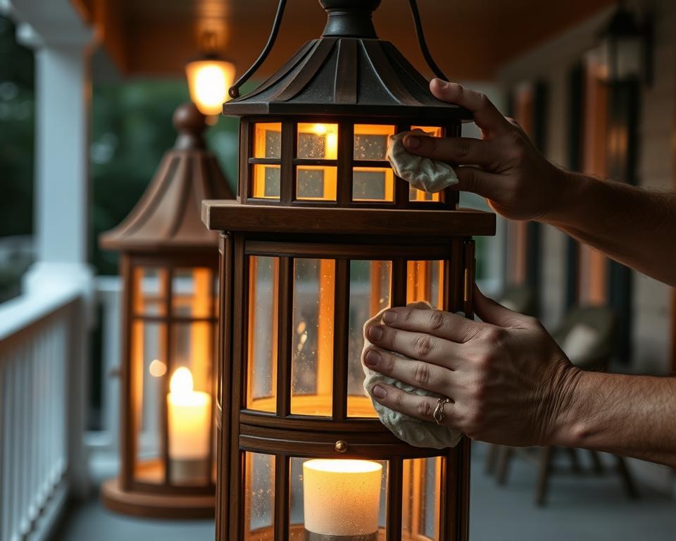 Maintaining wood lanterns: A tranquil scene, a dimly lit porch with a handcrafted wooden lantern at the center, its glass panels gently illuminated, casting a warm glow. In the foreground, a pair of weathered hands carefully wiping the lantern's surface, removing any dust or debris. The middle ground showcases the lantern's intricate detailing, the wood's rich grain, and the polished brass fittings. The background blurs into a softly-lit, cozy atmosphere, hinting at the welcoming environment the lantern creates. Soft, natural lighting accentuates the scene, highlighting the care and attention needed to preserve the lantern's timeless beauty. Maintaining wood lanterns: A tranquil scene, a dimly lit porch with a handcrafted wooden lantern at the center, its glass panels gently illuminated, casting a warm glow. In the foreground, a pair of weathered hands carefully wiping the lantern's surface, removing any dust or debris. The middle ground showcases the lantern's intricate detailing, the wood's rich grain, and the polished brass fittings. The background blurs into a softly-lit, cozy atmosphere, hinting at the welcoming environment the lantern creates. Soft, natural lighting accentuates the scene, highlighting the care and attention needed to preserve the lantern's timeless beauty.