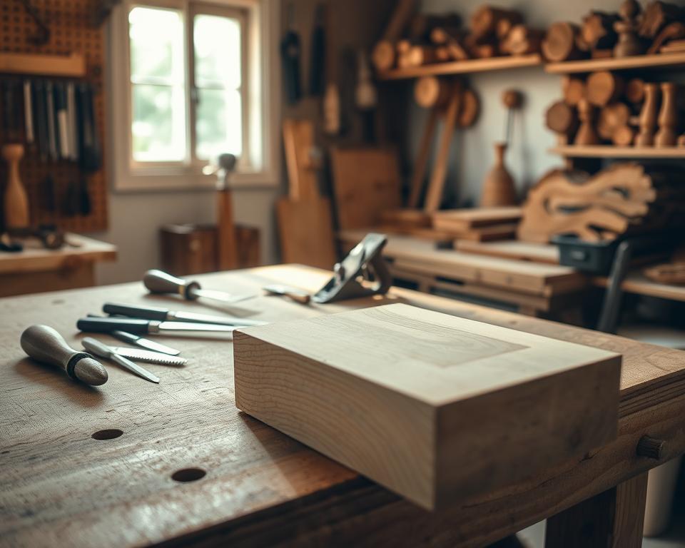 Preparing wood for carving: a serene workshop scene, soft natural light filtering through a window, casting warm shadows on a sturdy workbench. On the surface, an assortment of woodworking tools - chisels, files, and a sharp hand plane. In the foreground, a block of freshly sanded wood, its grain inviting the touch of the skilled carver. The atmosphere is one of focused contemplation, where the rhythmic motions of shaping the wood create a meditative experience. The background hints at the tools of the trade - a pegboard displaying an array of carving implements, shelves lined with various types of wood, each with its own unique character. This image captures the essence of the patient, deliberate process of preparing the canvas for the carver's artistic expression. Preparing wood for carving: a serene workshop scene, soft natural light filtering through a window, casting warm shadows on a sturdy workbench. On the surface, an assortment of woodworking tools - chisels, files, and a sharp hand plane. In the foreground, a block of freshly sanded wood, its grain inviting the touch of the skilled carver. The atmosphere is one of focused contemplation, where the rhythmic motions of shaping the wood create a meditative experience. The background hints at the tools of the trade - a pegboard displaying an array of carving implements, shelves lined with various types of wood, each with its own unique character. This image captures the essence of the patient, deliberate process of preparing the canvas for the carver's artistic expression.