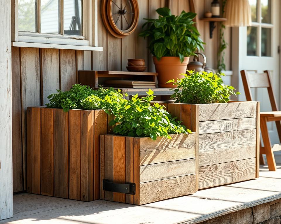 Reclaimed wood planters, weathered and rustic, nestled in a charming farmhouse setting. Sunlight filters through the wooden slats, casting a warm glow. The planters are filled with lush greenery, adding a touch of natural beauty. A backdrop of distressed wooden boards and vintage accents creates a cozy, lived-in atmosphere. The camera angle showcases the planters from a slightly elevated perspective, highlighting their handcrafted details and the overall farmhouse-inspired aesthetic. The overall mood is one of rustic elegance and countryside charm.