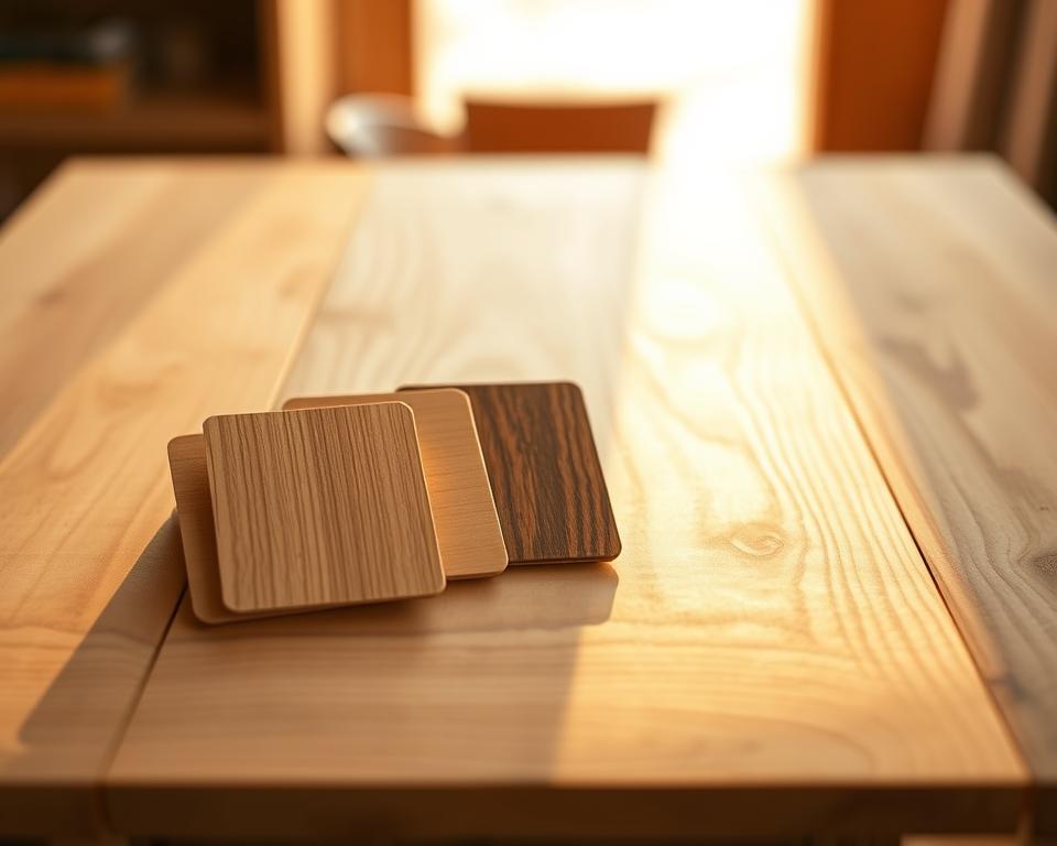 Varnish types displayed on a wooden surface, illuminated by warm, natural lighting. In the foreground, various varnish samples in different finishes - high-gloss, satin, and matte - are neatly arranged. The middle ground showcases the textural variations of the wood grain, highlighting the impact of each varnish type. The background subtly fades into a soft, out-of-focus scene, emphasizing the focal point of the varnish samples. The overall composition conveys a sense of refinement and attention to detail, reflecting the careful consideration required when finishing wood without staining. Varnish types displayed on a wooden surface, illuminated by warm, natural lighting. In the foreground, various varnish samples in different finishes - high-gloss, satin, and matte - are neatly arranged. The middle ground showcases the textural variations of the wood grain, highlighting the impact of each varnish type. The background subtly fades into a soft, out-of-focus scene, emphasizing the focal point of the varnish samples. The overall composition conveys a sense of refinement and attention to detail, reflecting the careful consideration required when finishing wood without staining.
