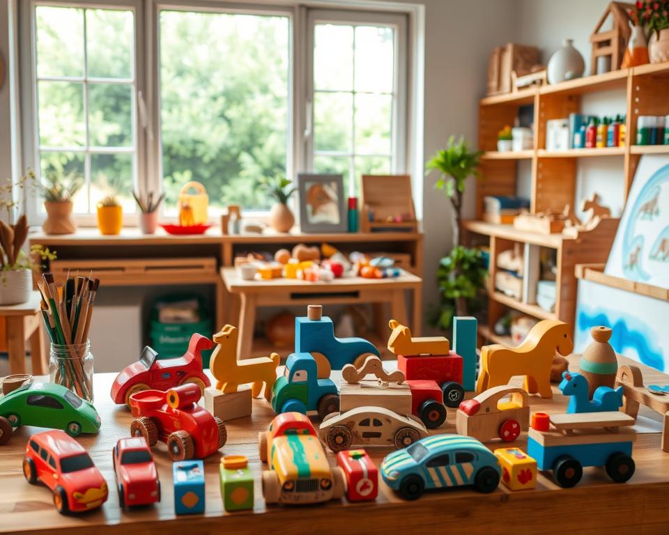 a cozy art studio with natural lighting, wooden table and shelves, paintbrushes, acrylic paints, and various wooden toys in the foreground - cars, animals, blocks - arranged in a creative, playful composition; middle ground showcases the process of painting the wooden toys with vibrant colors and patterns, using different techniques like dry brushing and sponging; the background features a large window overlooking a peaceful outdoor scene with lush greenery, creating a serene and inspirational atmosphere for the wooden toy painting activity