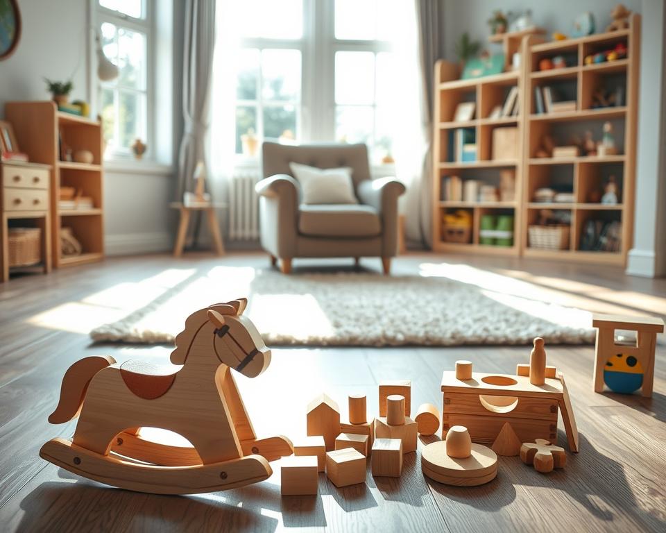 a safe, well-lit children's playroom with wooden toys scattered on the floor. Sunlight streams in through large windows, casting a warm, natural glow. In the foreground, a collection of handcrafted wooden toys - a rocking horse, a set of building blocks, and a shape sorter. In the middle ground, a plush rug and a cozy armchair, creating a inviting, comfortable space. In the background, shelves filled with more wooden toys, books, and educational materials. The overall scene conveys a sense of security, creativity, and attention to child safety.